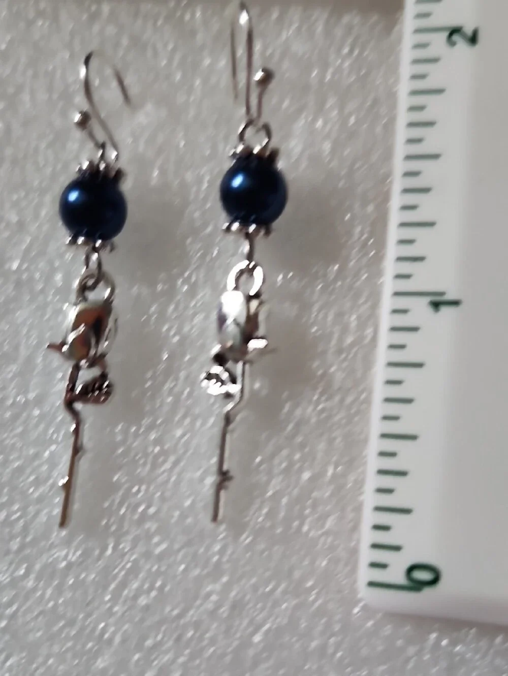 Hand Crafted Navy Blue Pearl Rose Dangle Earrings